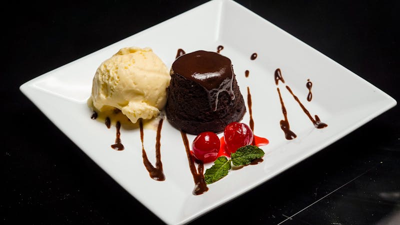 Warm chocolate lava brownie with vanilla ice cream